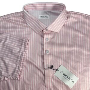 Collars & Co Dress Collar Polo Mens 2XL Pink White Striped Performance Shirt